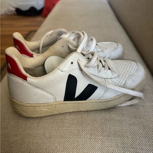 Veja White Sneakers with navy and Red Accents